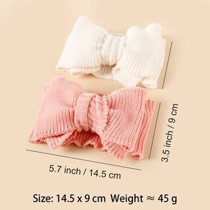 Knit baby bow headbands in pink and white colors with detailed product size and weight info