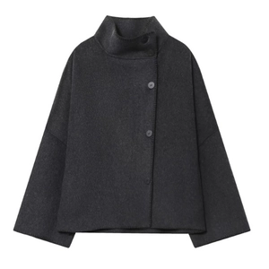 Short charcoal wool blend cape coat with high neck and side buttons on white background