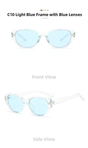 Vue détaillée de lunettes de soleil œil-de-chat bleu clair avec monture transparente
