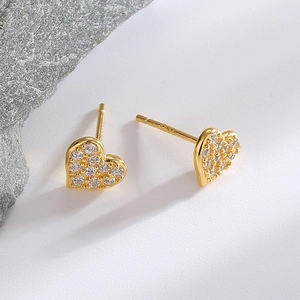 925 silver 14K gold plated heart stud earrings with sparkling pave zircon stones