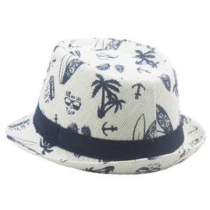 Summer straw jazz hat for kids with palm trees and surfboard print for beach sun protection