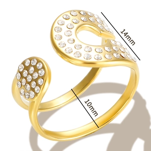 Detail view of gold V-shaped ring with rhinestones showing 14mm and 10mm width dimensions