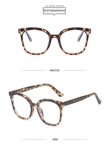 Detail view of tortoiseshell TR90 square frame glasses with anti-blue light lenses