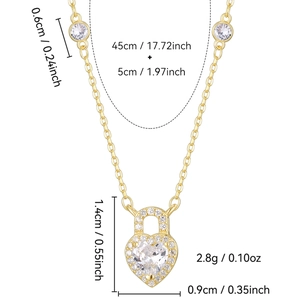 Gold S925 silver heart lock necklace with zircon stones and length measurements