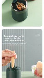 Macro view of green automatic toothpick dispenser with transparent lid and large opening