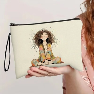Trousse à maquillage en toile avec illustration fille et dragonne noire pour voyage