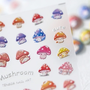 3D embossed mushroom nail art stickers with cute colorful patterns and pearly texture