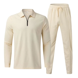 Homme Polo À Fermeture Éclair En Tricot Gaufre Et Pantalon À Cordon Tenue Décontractée Sportive Manches Longues