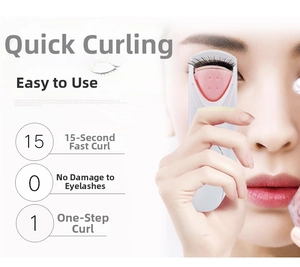 Detail of electric eyelash curler with heated pink silicone pad on a female model