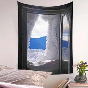 Detail of 3D winter landscape tapestry with snowy mountains view on a bedroom wall