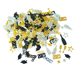 Mix of 2025 graduation party confetti with gold stars and champagne glass shapes