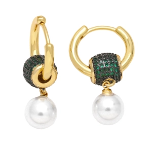 Elegant gold hoop earrings with green zircon cylinder and white pearl pendant for women