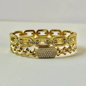 Fashion Stainless Steel Bangle For Women Hollow Chain Style 14K Gold Plated Full Rhinestone Geometric Inlaid Bracelet Jewelry