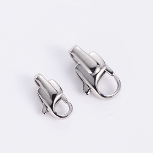 Set of two polished stainless steel lobster claw clasps in different sizes on white background