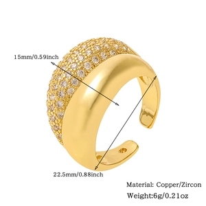 Detail view of adjustable geometric ring with zircon pave and technical dimensions