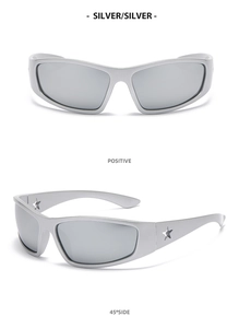 Detail view of silver sports sunglasses featuring side hollow star temple design
