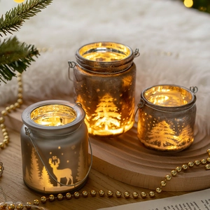 Lot de 3 bocaux de Noël à LED en verre avec motifs rennes sur plateau en bois