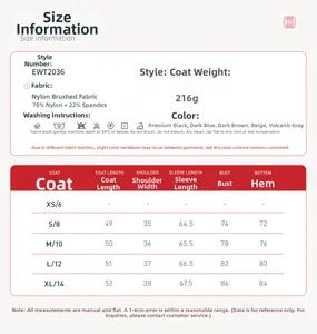 Detailed size chart for the slim fit yoga jacket showing measurements and fabric specifications