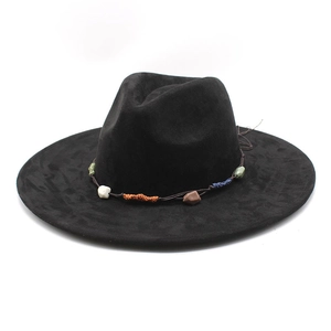 Black wide-brim suede fedora hat with ethnic style colorful mineral stone accents