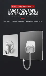Detail of heavy duty adhesive wall hooks with transparent base and stainless steel hook