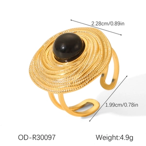 Detail view of gold stainless steel ring with black stone and measurement data