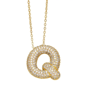 Detail of gold bubble letter Q pendant necklace with sparkling cubic zirconia stones