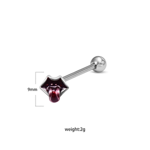 Skull tongue ring jewelry with red lip design and 9mm stainless steel barbell