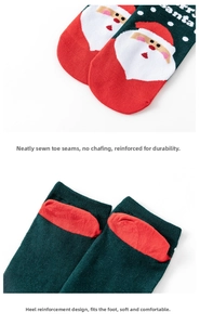 Close-up of reinforced heel and flat-stitched toe on Christmas cotton socks
