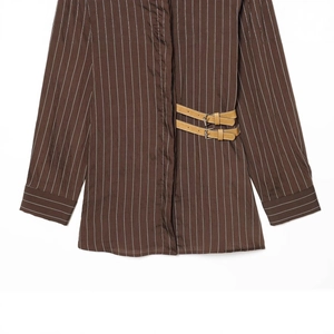 Deep brown striped long sleeve shirt for women featuring stylish brown leather buckles