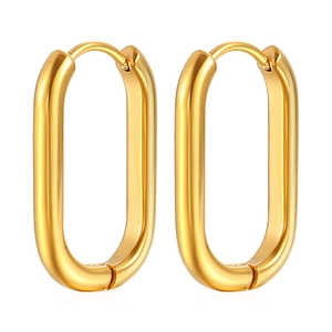 Fashionable geometric oval earrings in 18K gold-plated stainless steel on white background