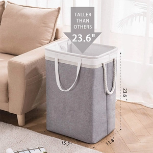 Detailed size chart of the tall grey laundry basket with rope handles for bathroom storage