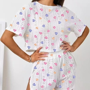 Women's summer pajamas set with colorful heart print and breathable hollow knit fabric