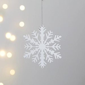White snowflake Christmas tree ornament with matte finish and silver hanging cord