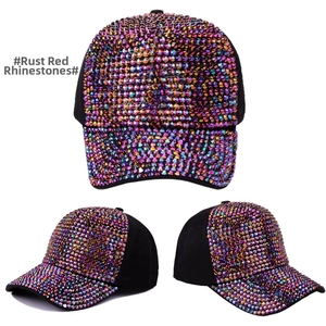 Three-angle views showing the detailed multi-color rhinestones on a black baseball cap