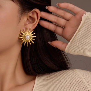 Stainless Steel Sunflower Stud Earrings Vintage French 18K Gold Plated Artificial Pearl Red Gemstone Elegant Jewelry For Women