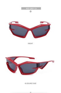 Front and 45-degree side views of futuristic Y2K red wrap-around sunglasses with grey lenses