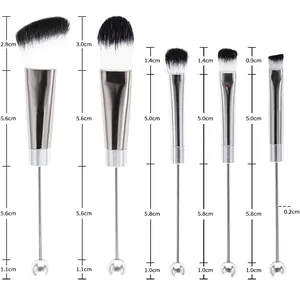 DIY beadable makeup brush set with detailed dimensions for powder, blush, and eyeshadow tools