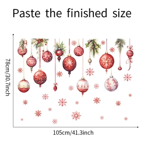 Christmas wall stickers detail showing dimensions of pine leaves and red baubles layout