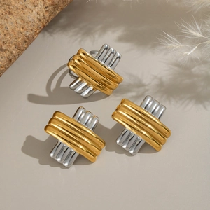 Stainless Steel Stud Earrings Two-Tone Gold Silver Geometric Cross Striped Texture Hypoallergenic Waterproof Jewelry For Women