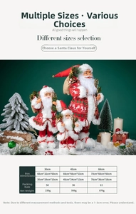 Size chart showing dimensions and weight for Santa Claus plush figurines in various heights