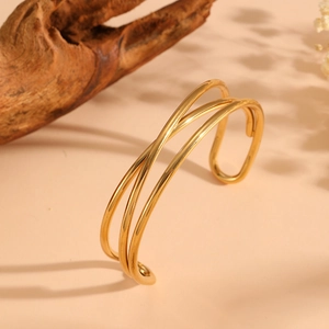 Luxurious 18k gold plated multi-layer stainless steel crisscross open cuff bracelet
