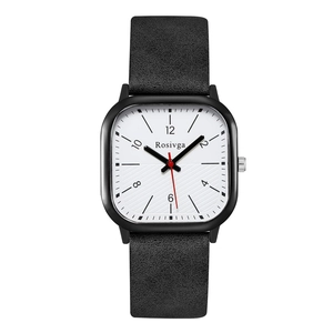 Classic men's square quartz watch with black leather strap and textured white dial
