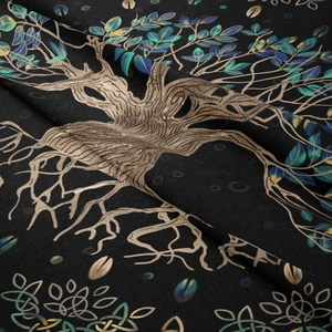 Close-up of tree of life tapestry showing soft fabric texture and colorful gradient print