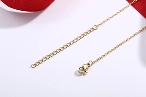Close-up of gold stainless steel necklace clasp and extension chain with red ribbon