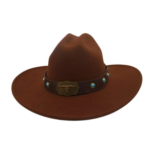 Detail of dark brown wool cowboy hat with leather band and bull skull buckle