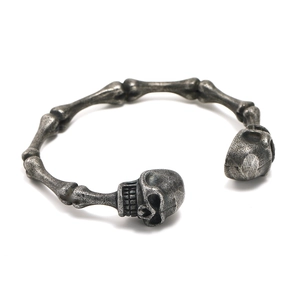 Vintage silver skull and bone cuff bracelet in punk style stainless steel for men