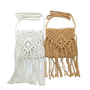 Handmade woven cotton tassel crossbody bags in white and camel colors for beach style