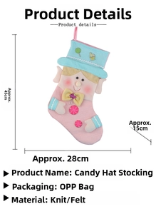Detail of candy-themed Christmas stocking showing 45x28cm dimensions and knit fabric
