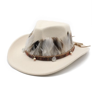 Ethnic style cream wool cowboy hat with feathers and silver pendants for men and women