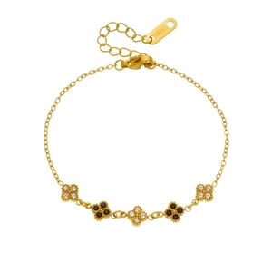 Gold stainless steel bracelet with five black and white lucky clover charms for women
